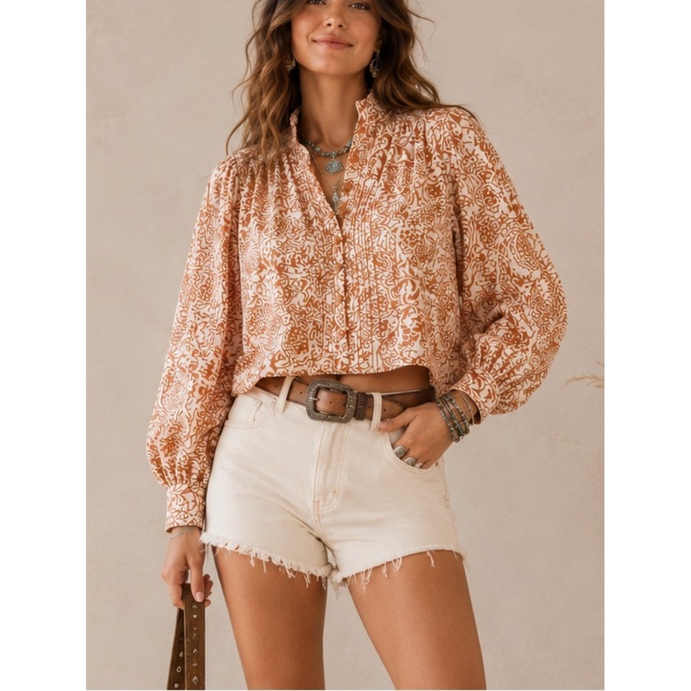 PLENTY Tracy Reese Cotton Cropped Blouse L Balloon Sleeve Button Up Boho Cowgirl